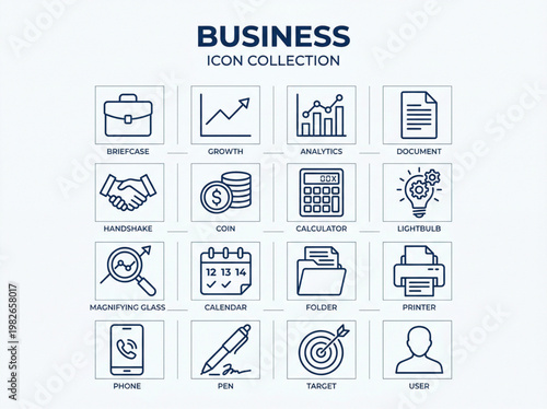 A professional collection of sixteen minimalist business and finance line icons featuring essential corporate tools and analytical symbols