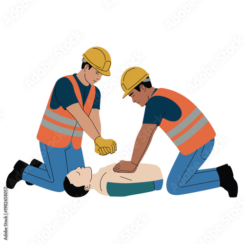 Two construction workers performing CPR on a colleague in an emergency situation