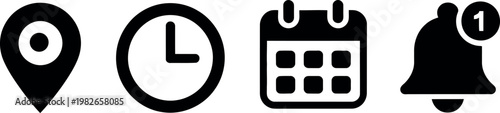 Icons representing location, time, calendar, and notification