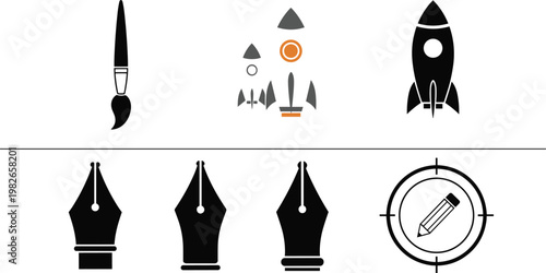 Creative Design and Space Rocket Icons Set with Paintbrush, Pen Nib and Pencil Target Vector Illustration Collection