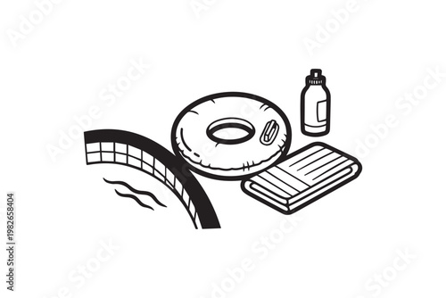 Inflatable Pool Float with Towel and Bottle Summer Vacation Line Art Illustration, Great for Pool Party Design, Travel Ads, and Seasonal Content