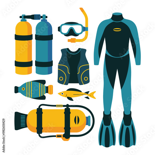 A collection of scuba diving equipment and gear on a white background