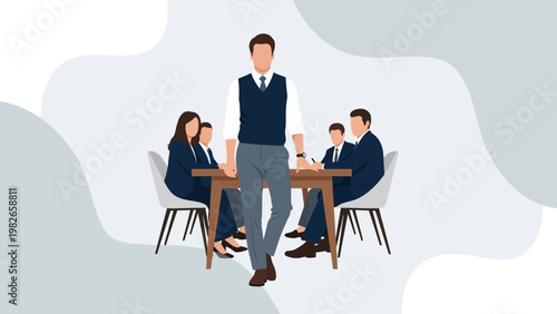 Business leader standing in front of team meeting around table, modern office, teamwork concept
