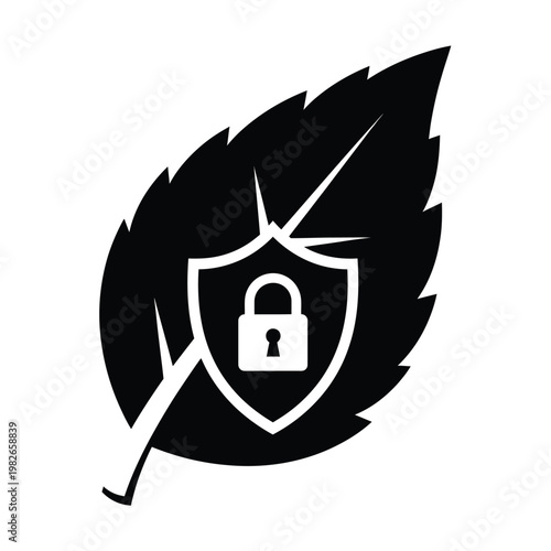 Black silhouette leaf with centered padlock shield