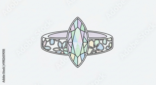 Elegant diamond ring with marquise cut gemstone and floral filigree band on white background