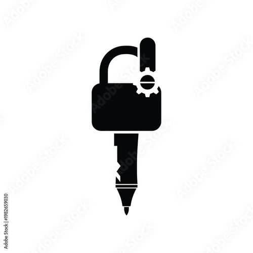 Black silhouette of a lock with pen nib and cogwheel