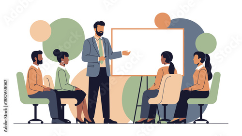 Business meeting: Diverse team in a modern office, presentation with whiteboard