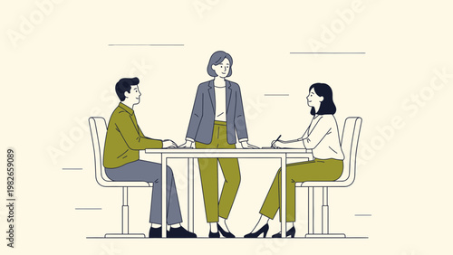 Business meeting illustration: three professionals collaborating around a table.