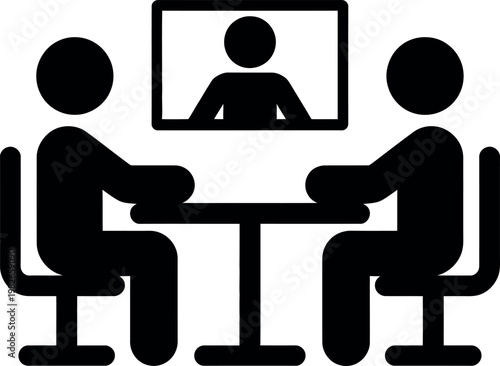 Two individuals in a video conference meeting with a third remote participant on screen