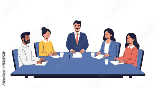 Business meeting in progress with diverse team around conference table, flat illustration