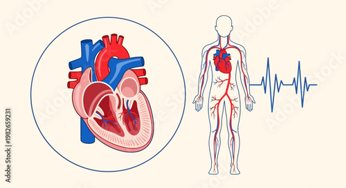 Human heart anatomy diagram and circulatory system silhouette with pulse line representing healthcare and cardiovascular medicine