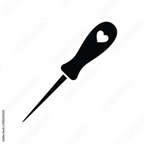 Black silhouette of a sewing needle with heart-shaped handle