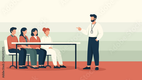 Business meeting: instructor teaching employees in a classroom, presentation, teamwork, learning