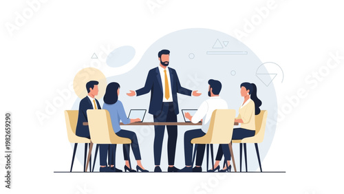 Business Meeting: Leader Presents to Team at Conference Table with Laptops