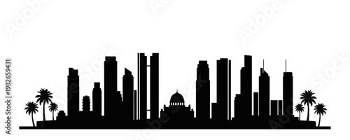 Modern city skyline silhouette with mosque dome and palm trees representing urban landscape in tropical or middle east region