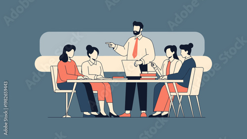 Business meeting: man leading discussion with team around table, modern flat design