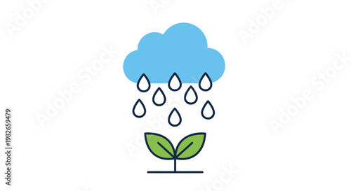 Rainy weather with cloud and raindrops nurturing a small green plant growth