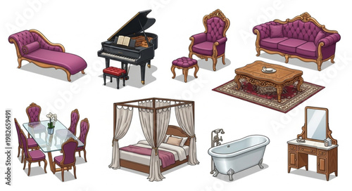 Collection of ornate antique furniture and home decor items.