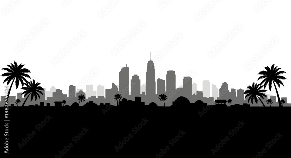 Fototapeta premium Los Angeles City Skyline Silhouette with Palm Trees Representing California Urban Landscape and Hollywood Metropolitan Vibe