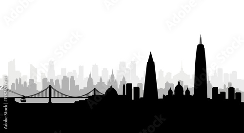 San Francisco Bay Area Skyline Silhouette Featuring Modern Skyscrapers and Iconic Bridge for Travel and Tourism Design