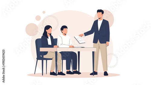 Business Meeting: Manager Presents Document to Team at Desk