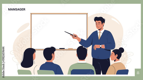 Business meeting: Manager teaching employees at whiteboard in office