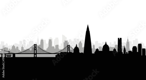 San Francisco Skyline Silhouette with Golden Gate Bridge and Cable Car Representing California Tourism and Urban Travel