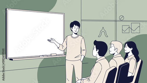 Business meeting presentation with speaker and audience in a modern office setting