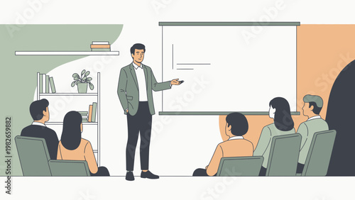 Business meeting presentation with speaker and audience in a modern office setting