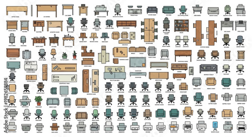 Collection of Office Furniture and Seating Top View Illustrations.