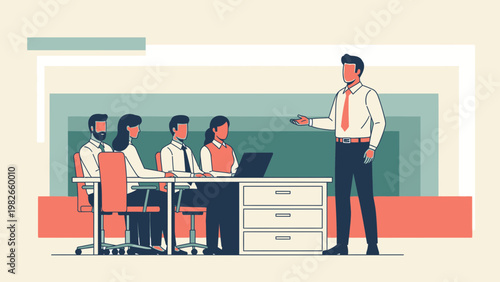 Business meeting presentation, team collaborating in modern office, speaker presenting to colleagues