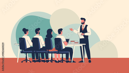 Business meeting presentation, team collaboration, and training session with speaker