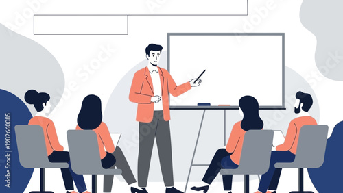 Business meeting: presenter teaching audience near whiteboard, flat design illustration
