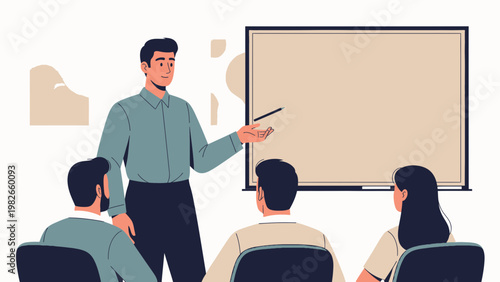 Business meeting: presenter teaching audience in front of whiteboard, modern office, teamwork