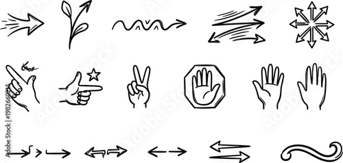 Diverse hand drawn sketch collection featuring arrows gestures and hand symbols in black and white