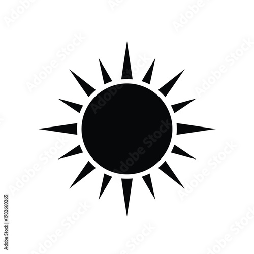 Black silhouette of sun with sharp spiked rays on white background