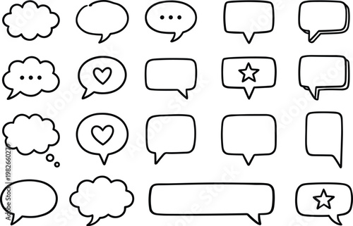 Collection of hand drawn speech bubbles and thought balloons in black and white illustration