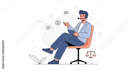 AI legal assistant concept: man with headset and AI icons, scales of justice