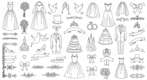 Wedding Elements Collection Vector Illustration.