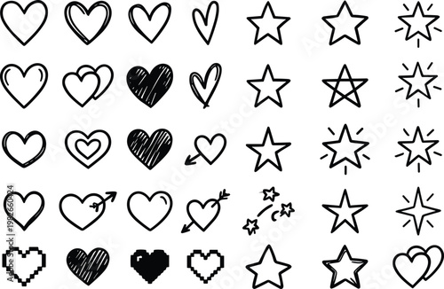 Collection of hand drawn hearts and stars a whimsical doodle art composition for valentine's day or celestial themes