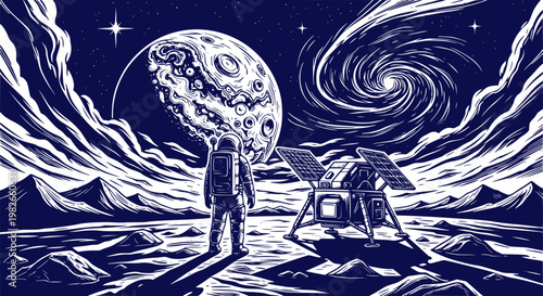 Astronaut on moon surface with planet and galaxy illustration. Design for t-shirt prints, sci-fi book covers, or vinyl stickers. Transparent background EPS version.