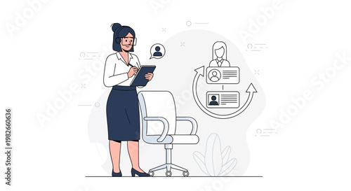 Businesswoman reviewing candidate profiles and organizing workflow with office chair and plants