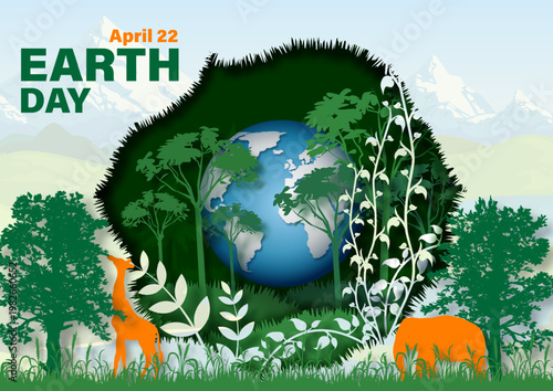Poster illustration, web template of Mother Earth day with 3d global and wildlife, forest in paper cut style