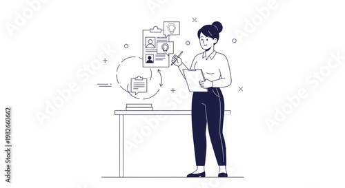 Businesswoman reviewing resumes and candidates on a clipboard, recruitment concept