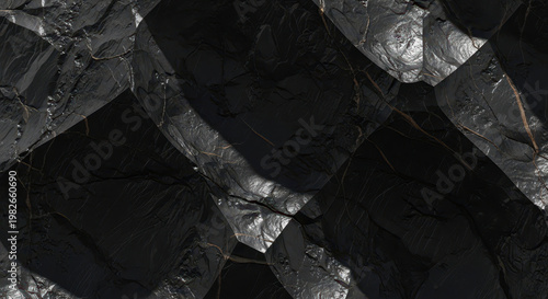Close-up of Polished Black Marble Surface with Shimmering Veins