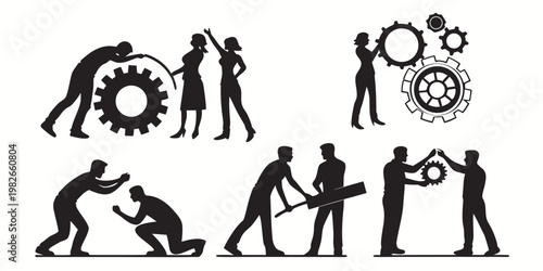 Professional silhouettes of diverse teams working together to assemble gears and manage mechanical projects with problem solving business people teamwork collaboration industry business