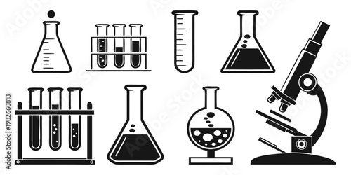 Scientific laboratory equipment icons including microscope beaker flask and test tube rack with laboratory microscope chemistry experiment research scientific glassware equipment