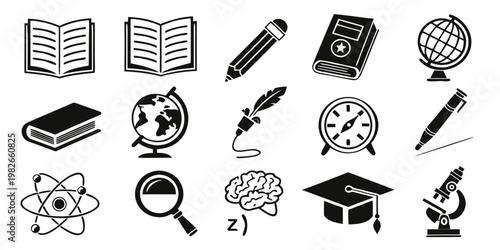 Educational and scientific icons collection featuring books globe microscope atom magnifying glass and graduation cap education microscope magnifying graduation learning knowledge