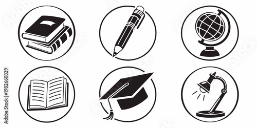 Set of six education and learning icons featuring books a pencil a globe graduation cap and a desk lamp education learning graduation academic university knowledge research teaching