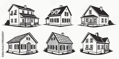 Black and white vector illustrations of detached suburban residential homes with real estate residential architecture suburban buildings property exterior construction illustration